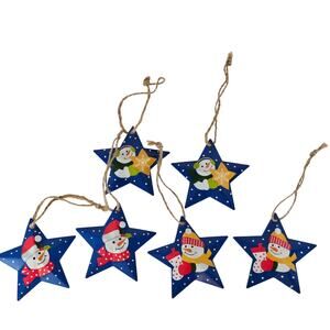 6 Christmas Star Metal Ornaments Blue Snowman Holiday Tree Hanging Decor 3" Lot